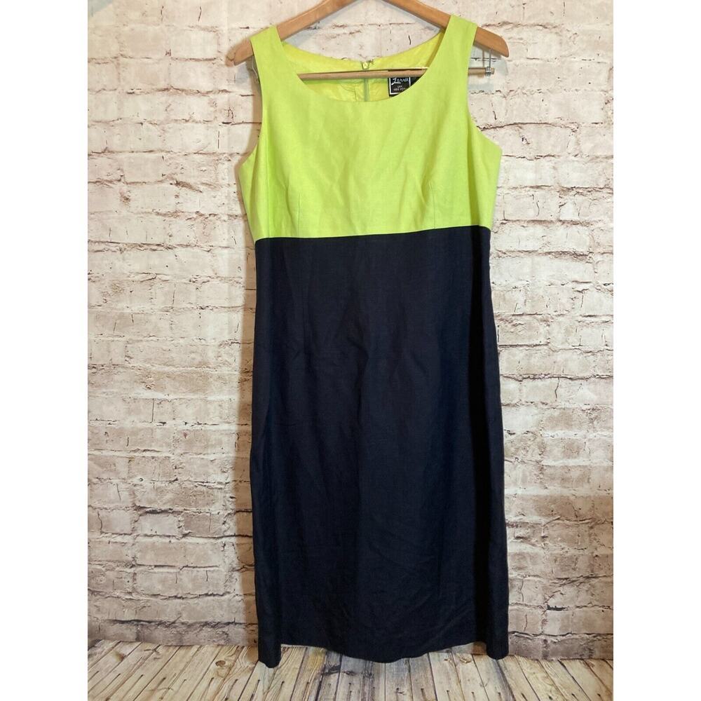 Lennie NY Dress Womens 12 Midi Linen‎ Neon Green Black Colorblock Sheath Zip Up